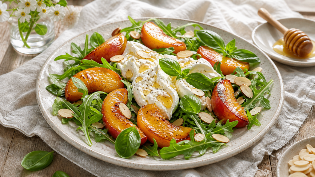 recette salade de pêches rôties au miel burrata et basilic