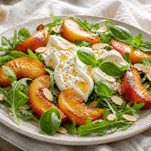 recette salade de pêches rôties au miel burrata et basilic