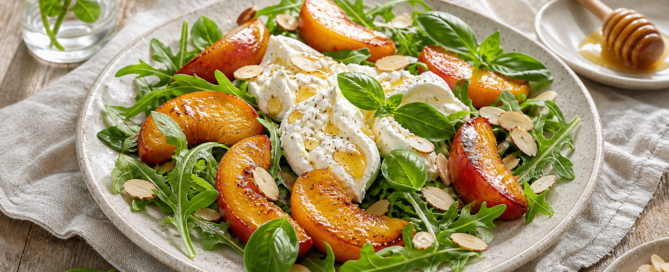 recette salade de pêches rôties au miel burrata et basilic