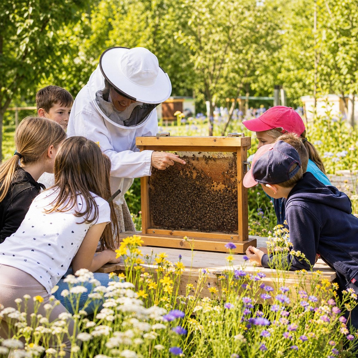 Animation pédagogique autour des abeilles avec des enfants dans un jardin