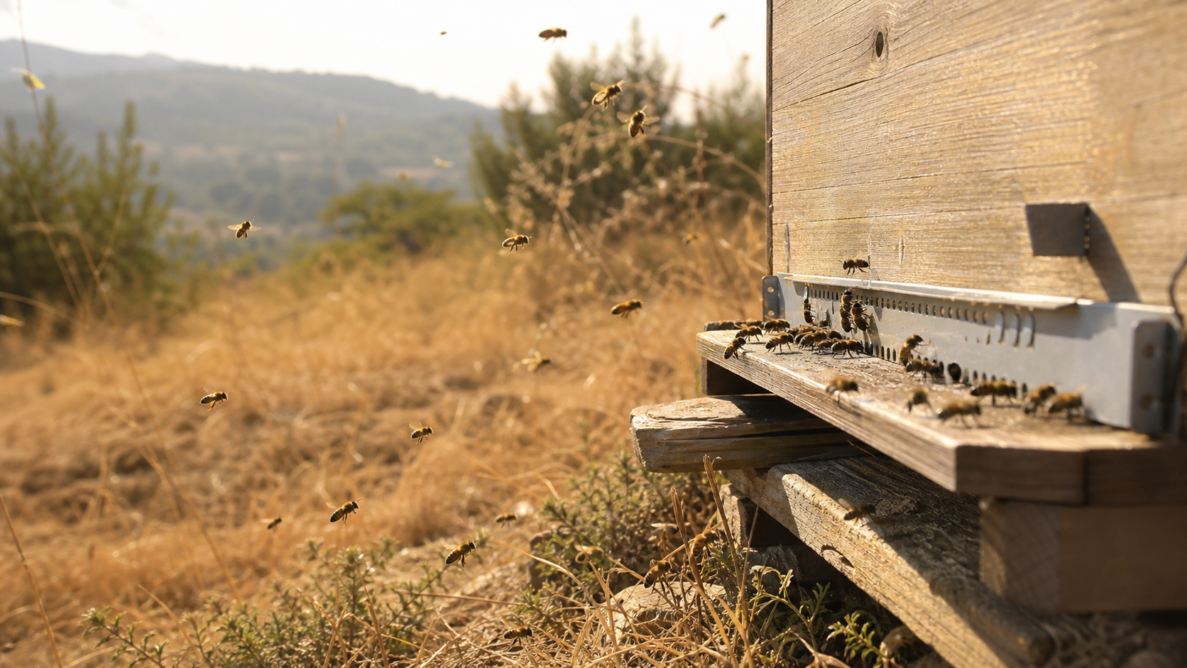 Abeilles devant une ruche en période de canicule et de sécheresse