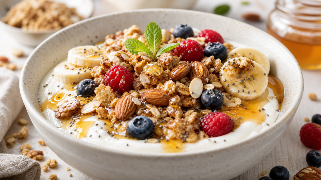 recette bol sportif fromage blanc fruits rouges céréales et miel