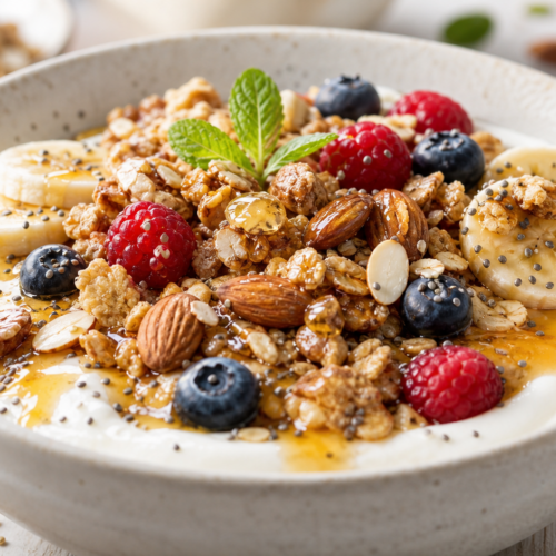recette bol sportif fromage blanc céréales et miel