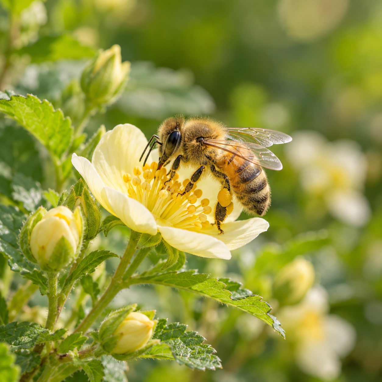 Abeille sur une fleur claire – illustration biodiversité Illustration d’une abeille butinant une fleur jaune pâle