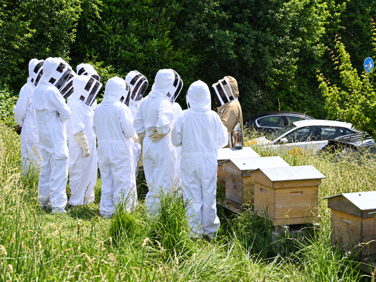 Participants en tenue d’apiculture autour des ruches