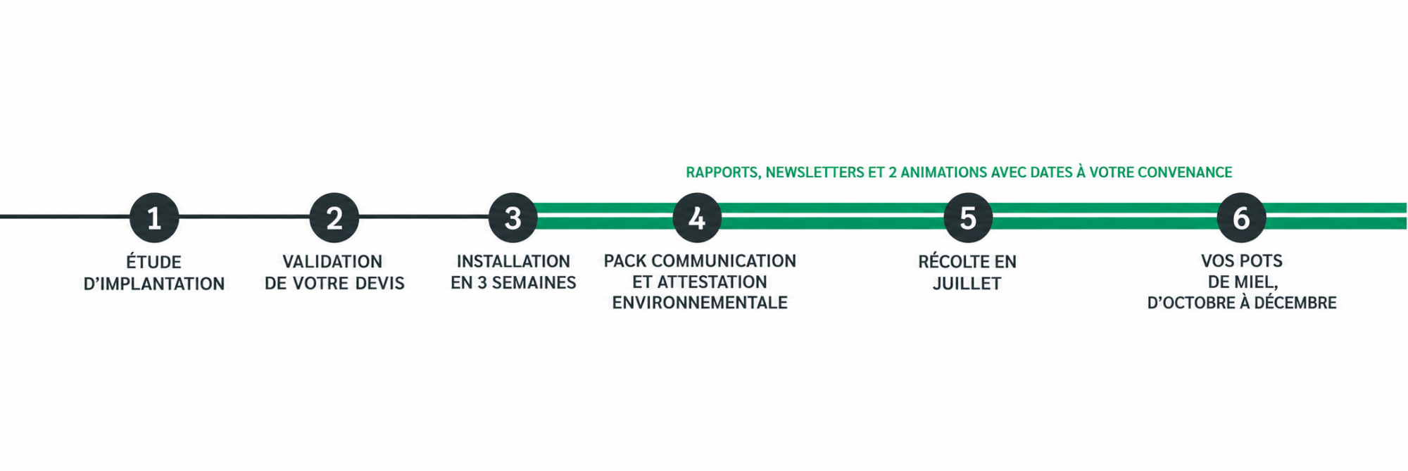 Étapes du projet : étude d’implantation ; validation du devis ; installation en 3 semaines ; pack communication et attestation environnementale ; récolte en juillet ; pots de miel d’octobre à décembre. Rapports, newsletters et 2 animations avec dates à votre convenance.