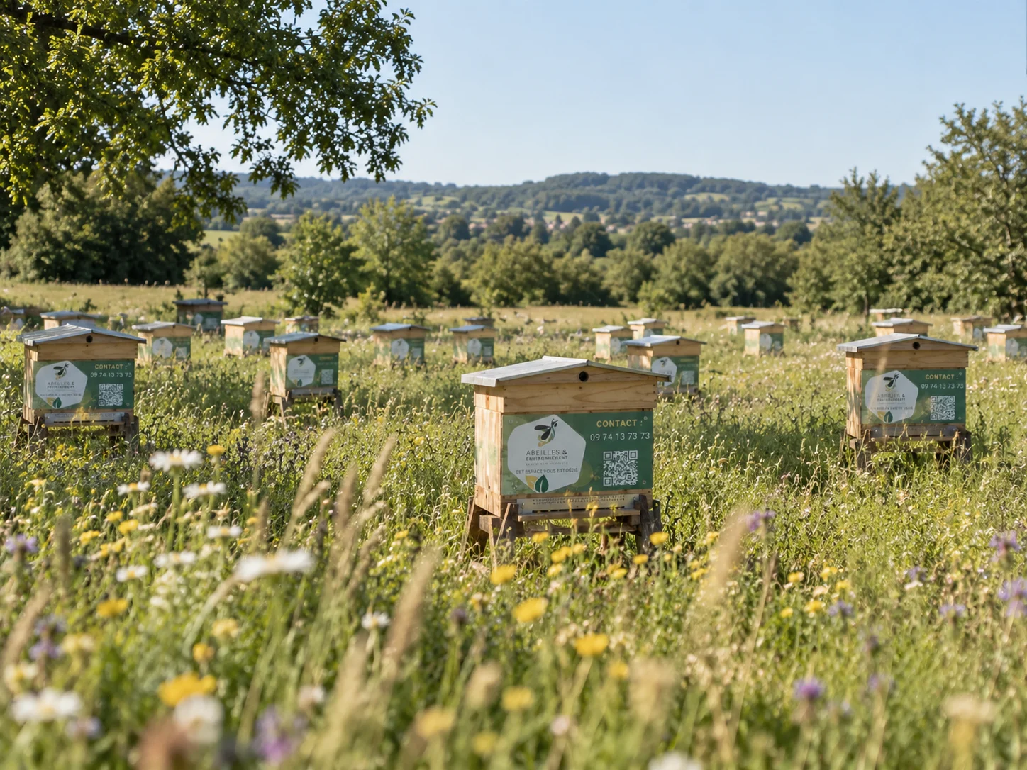 Ruches Abeilles & Environnement dans une prairie fleurie — illustration