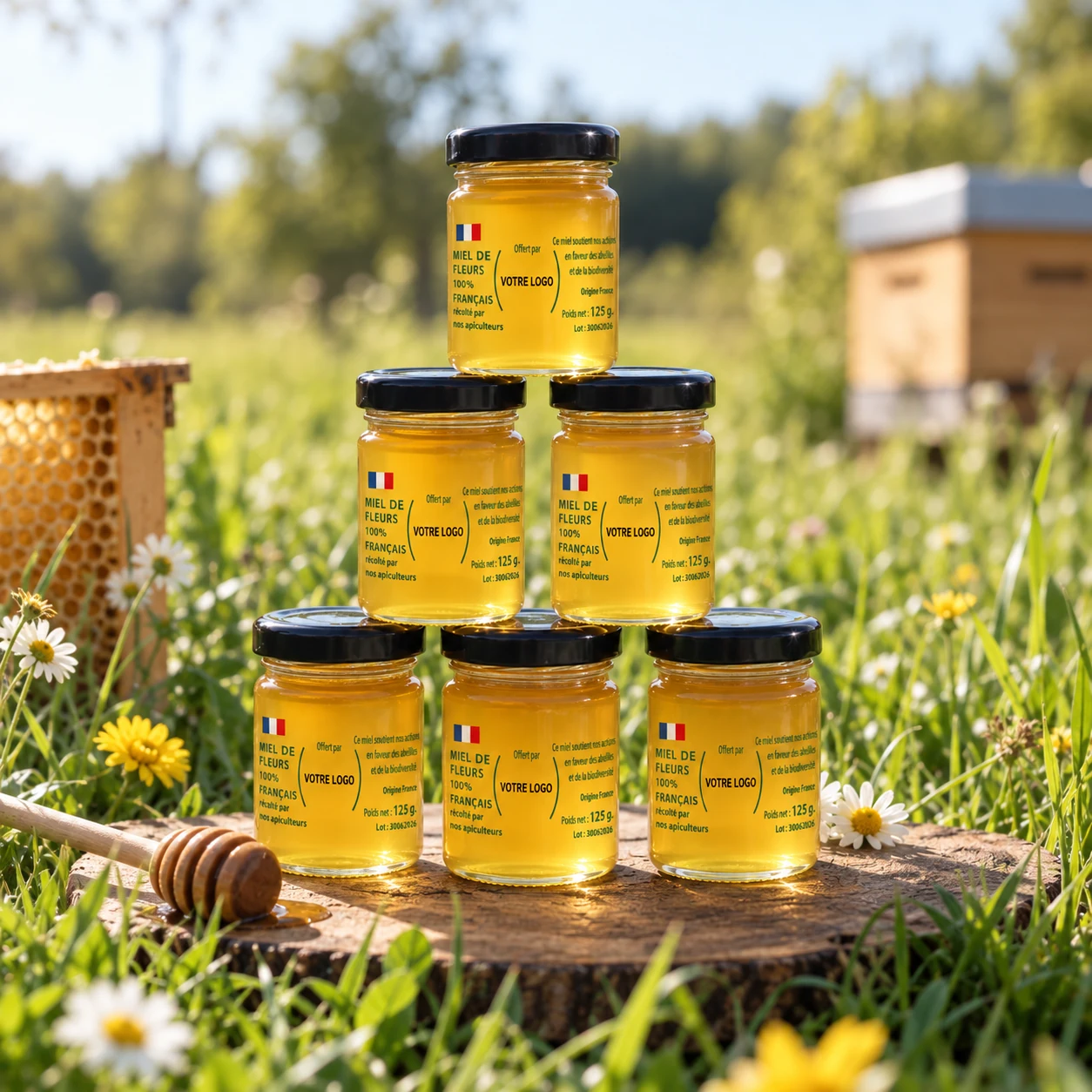 Pots de miel du rucher présentés dans une prairie fleurie — illustration