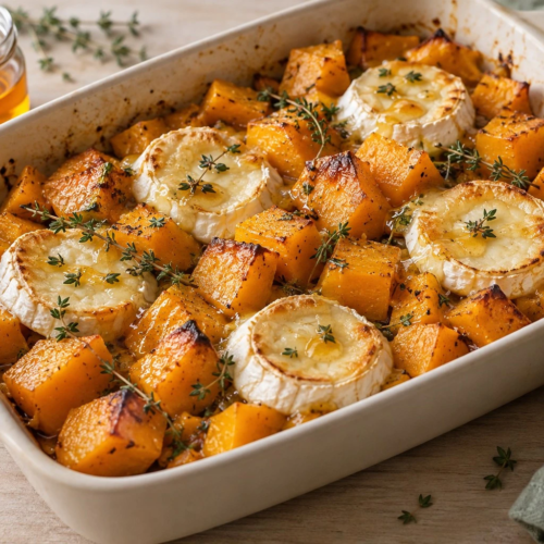 Butternut rôtie au miel, rondelles de chèvre gratinées et thym dans un plat en céramique